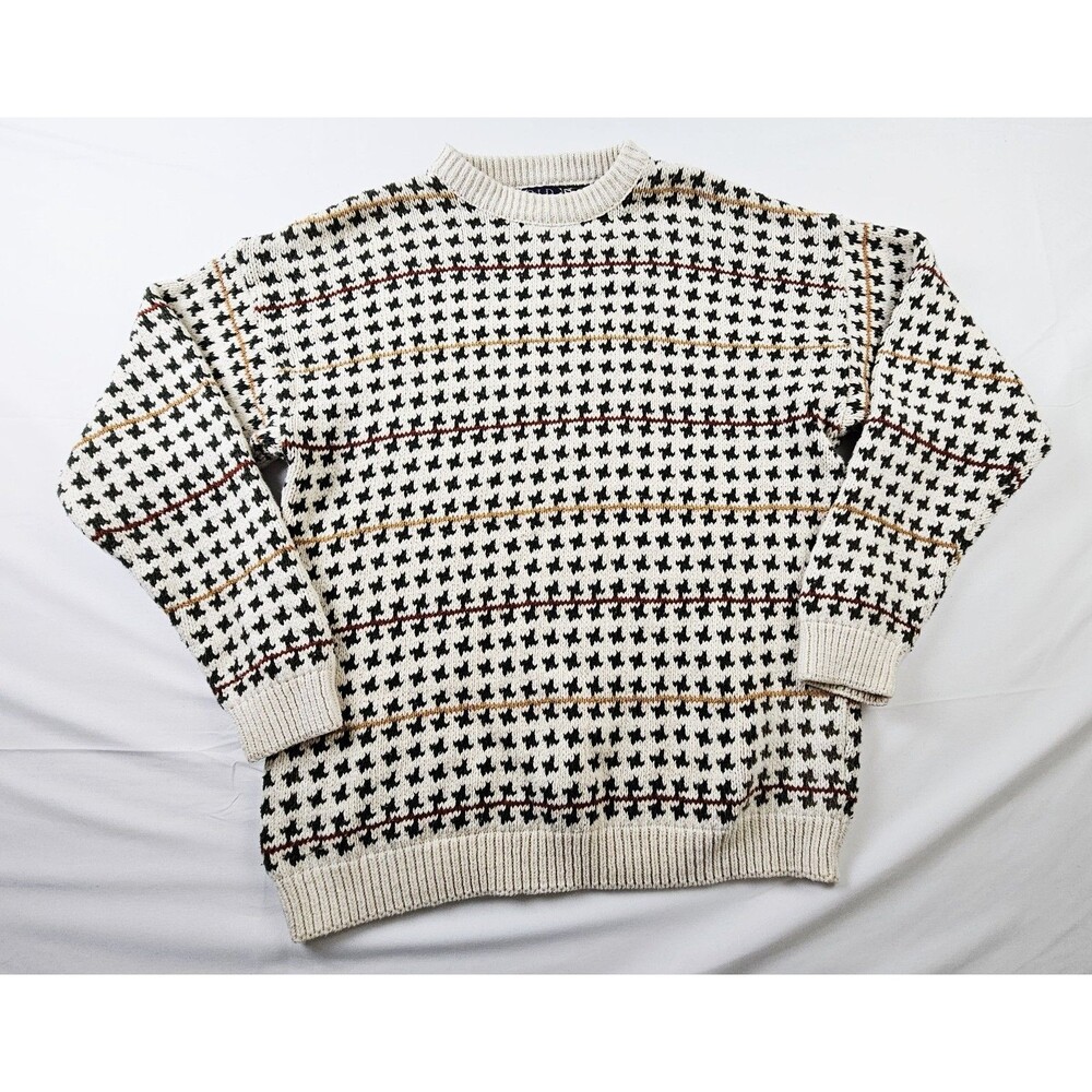 Vintage Old Glory Mens Large Knit Cream/Multicolor Sweater Made In USA Cotton